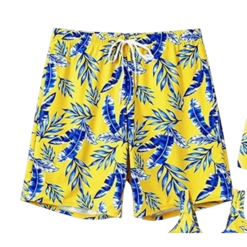 Men's Large Yellow Blue Tropical Leaf Swim Trunks Elastic Drawstring Pockets